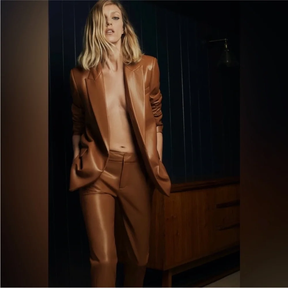Zara Brown Faux Leather Blazer - Picture 7 of 13